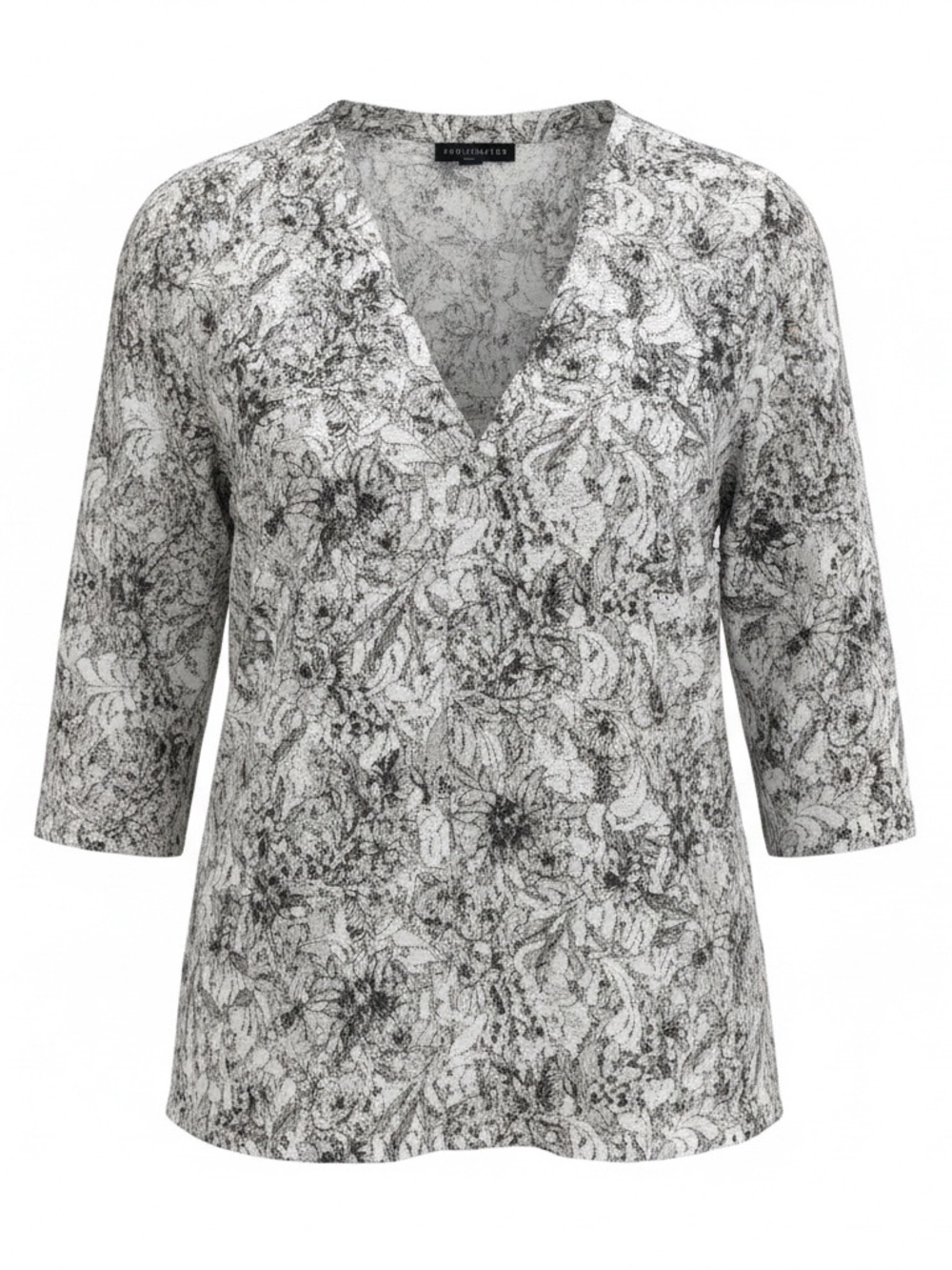V-Neck 3/4 Sleeve Floral Tunic Top - Black & White Lace